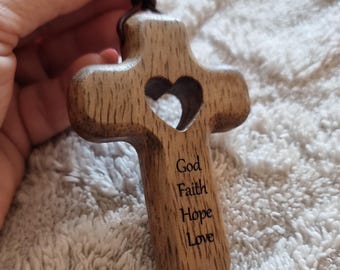 Handmade Wooden Cross Keychain – Faith, Hope, Love – Custom Engraved Cross Gift – Pocket Cross Car Charm