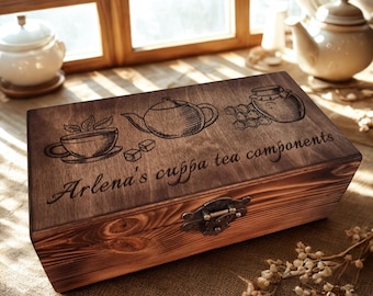 Personalised Wooden Tea Box | Solid Wood Tea Bag Storage | Handmade Engraved Tea Organiser | Custom Tea Lover Gift | 3 Compartment Tea Box