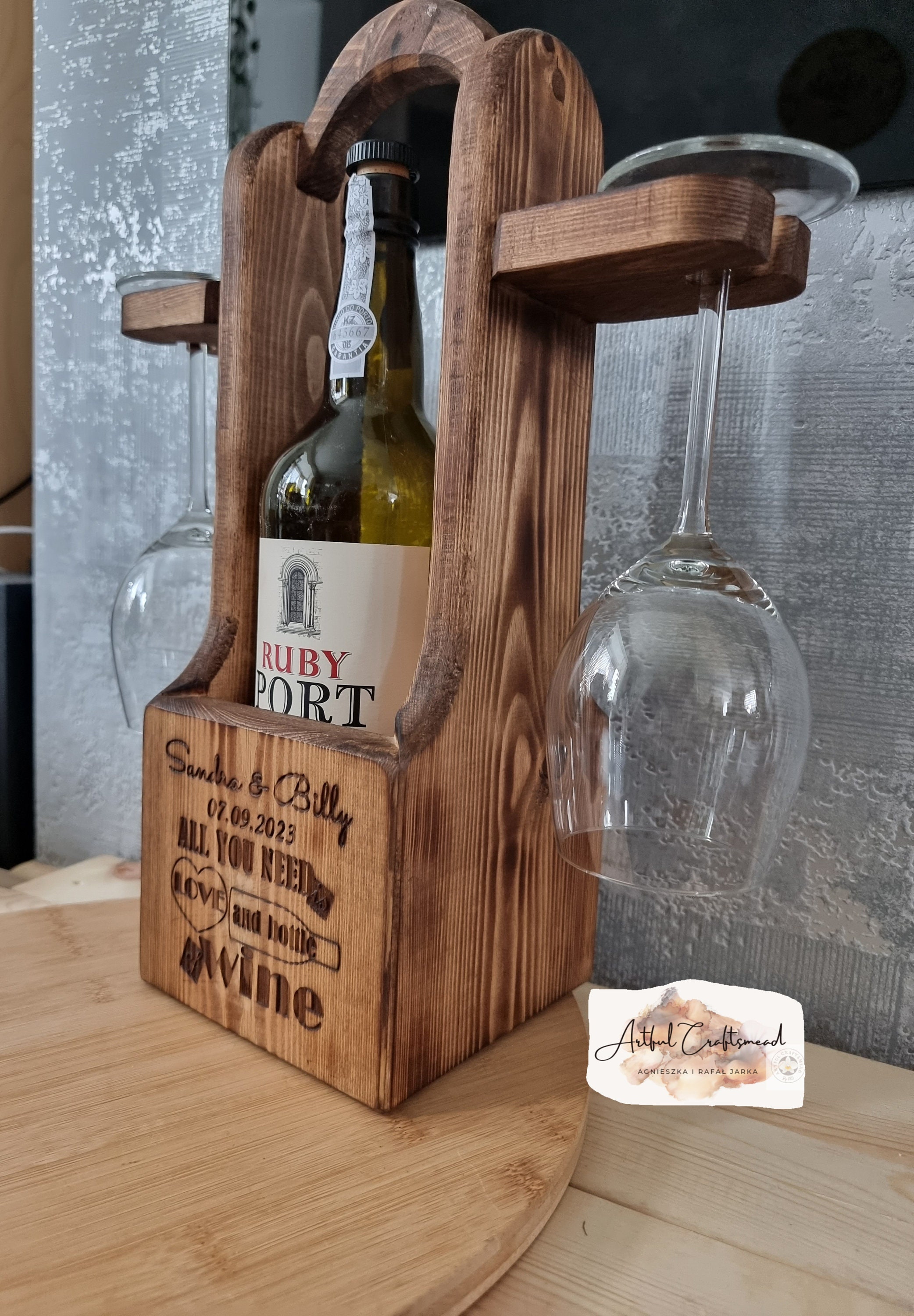 Rustic Wooden Wine Bottle Holder, Glasses Holder, Wine Caddy, Custom Wine  Tray, Gift for Couples, Wine Rack, Wine Carrier, Perfect Gift 