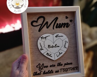 Wooden Personalised Frame With Jigsaw Puzzle Heart For Mum, Dad, Nana, Unique Gift for Mothers day, Father's day