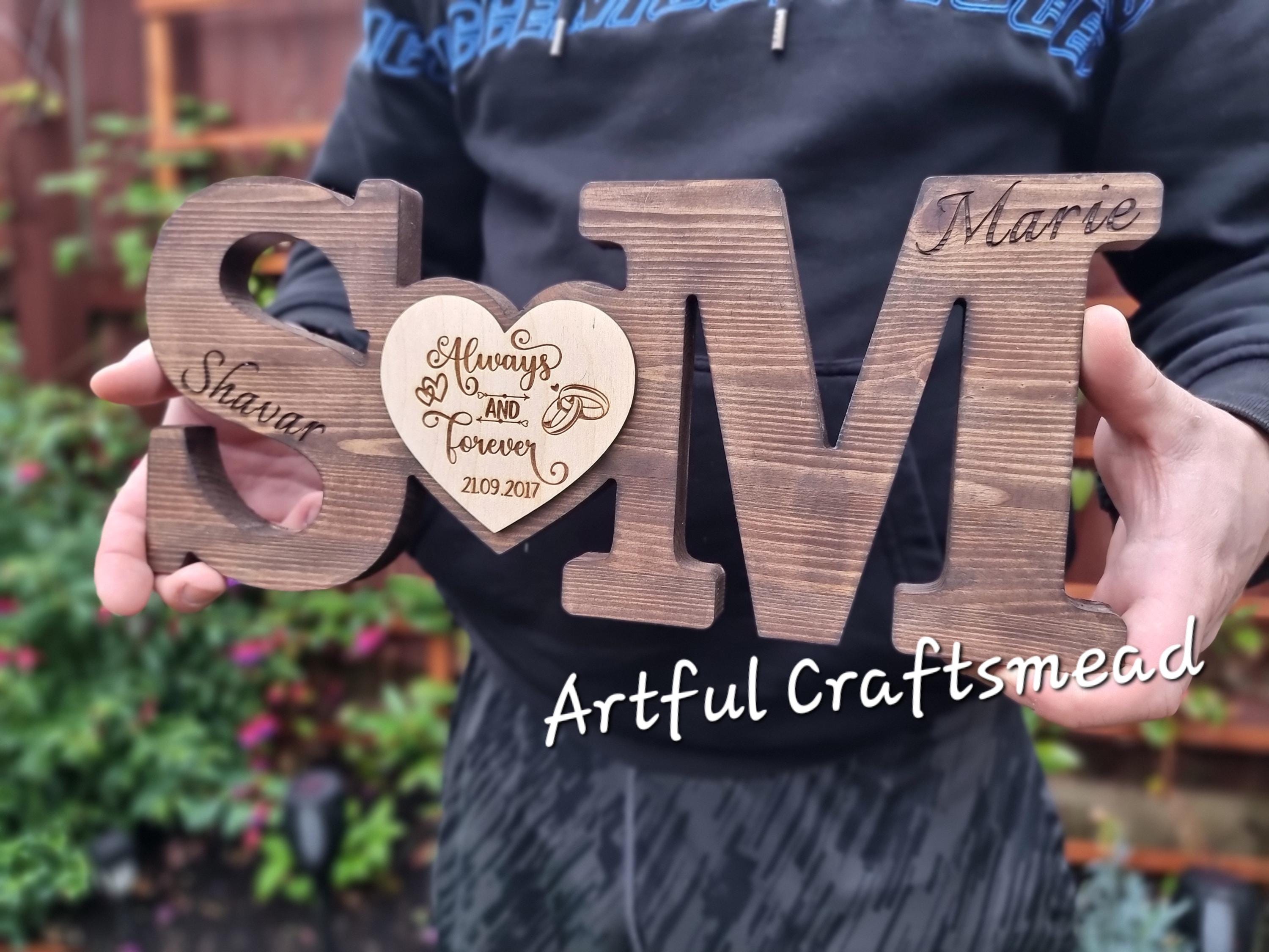 Personalised Couple Initials Letter Connection With Heart, Wood Letter For Weddind or Anniversary Love Birthday Gift, For Her His, Decor