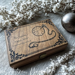 Personalised Pocket Watch Box | Handmade Wooden Keepsake Box with Black Felt | Engraved Gift for Him | Memorial or Heirloom Watch Case