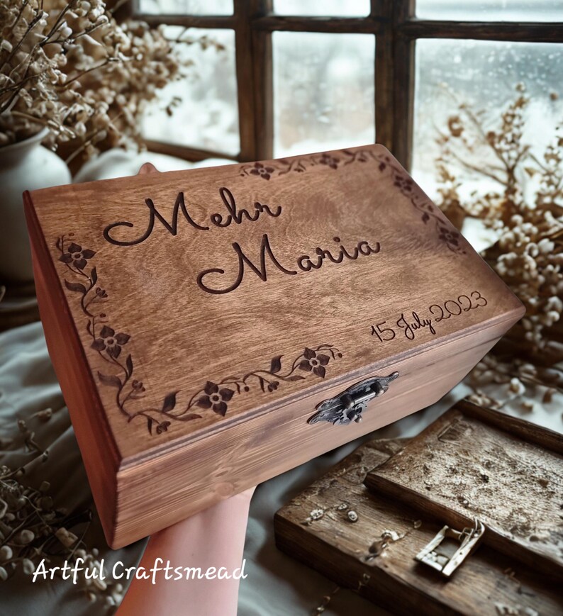 Personalised Wooden Keepsake Box | Floral Engraved Memory Box ...