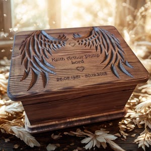 Personalised Wooden Cremation Urn with Angel Wings | Handcrafted Memorial Urn | Custom Engraved Sympathy Urn | Pine Wood