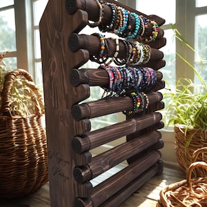 Large Wooden Bracelet Display Stand | Solid Pine Jewelry Holder | Wall-Mount or Freestanding Organizer | 7 Rods | Custom Engraving Option