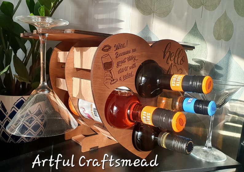 Personalized Wooden Mini Rack 4 Bottle Wine And 4 Glasses, Heart Shape Rack, Custom With Name And Quotes image 7