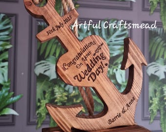 Personalized Wooden Anchor with Heart | Wedding Gift | Rustic Nautical Decor | Custom Engraved Solid Pine Anchor