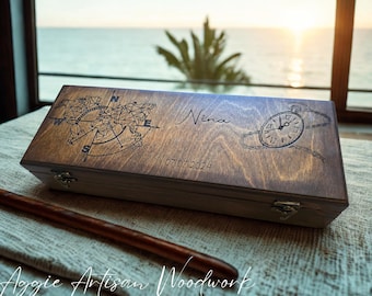 Personalised Wooden Watch Box for 6 Watches – Handcrafted Solid Wood Case with World Map Engraving, Luxury Gift for Him