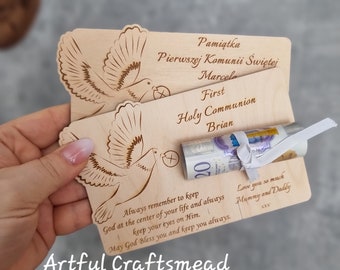 Tarjeta de sobre de madera personalizada, personalizada con nombre para la primera comunión, patrón de paloma, tarjeta para dinero, dinero de donación único