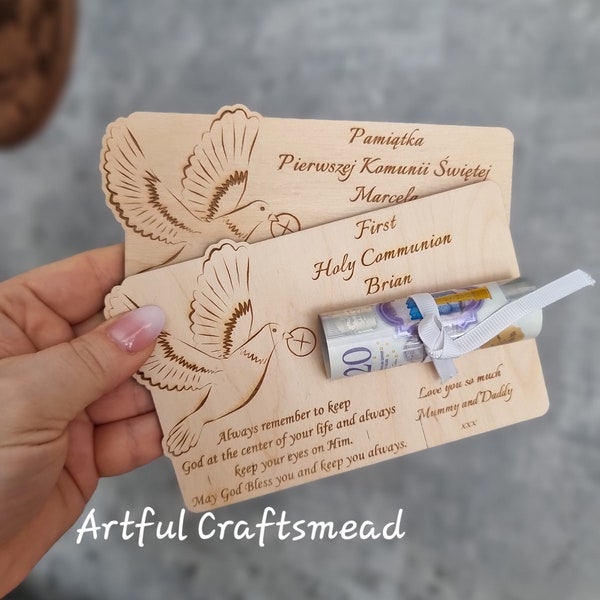 Personalized Wooden Envelope Card, Custom With Name For First Holy Communion, Dove Pattern, Card For Money, Unique Give Way Money
