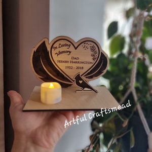 Personalised Wooden Heart Wings Feathers and Robin Bird, Candle Memorial Display, Keepsake, Remembrance Family, Candlestick, Memorable Gift