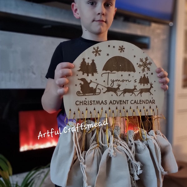 Calendario de adviento personalizado con Papá Noel y renos, calendario de adviento de madera para niños, periodo prenavideño, decoración de la temporada de Adviento