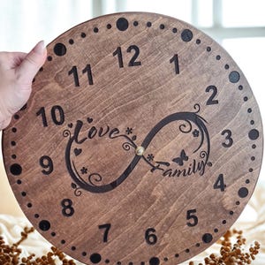 Personalised Wooden Wall Clock with Infinity Symbol – Handmade Custom Name Clock, Silent Mechanism