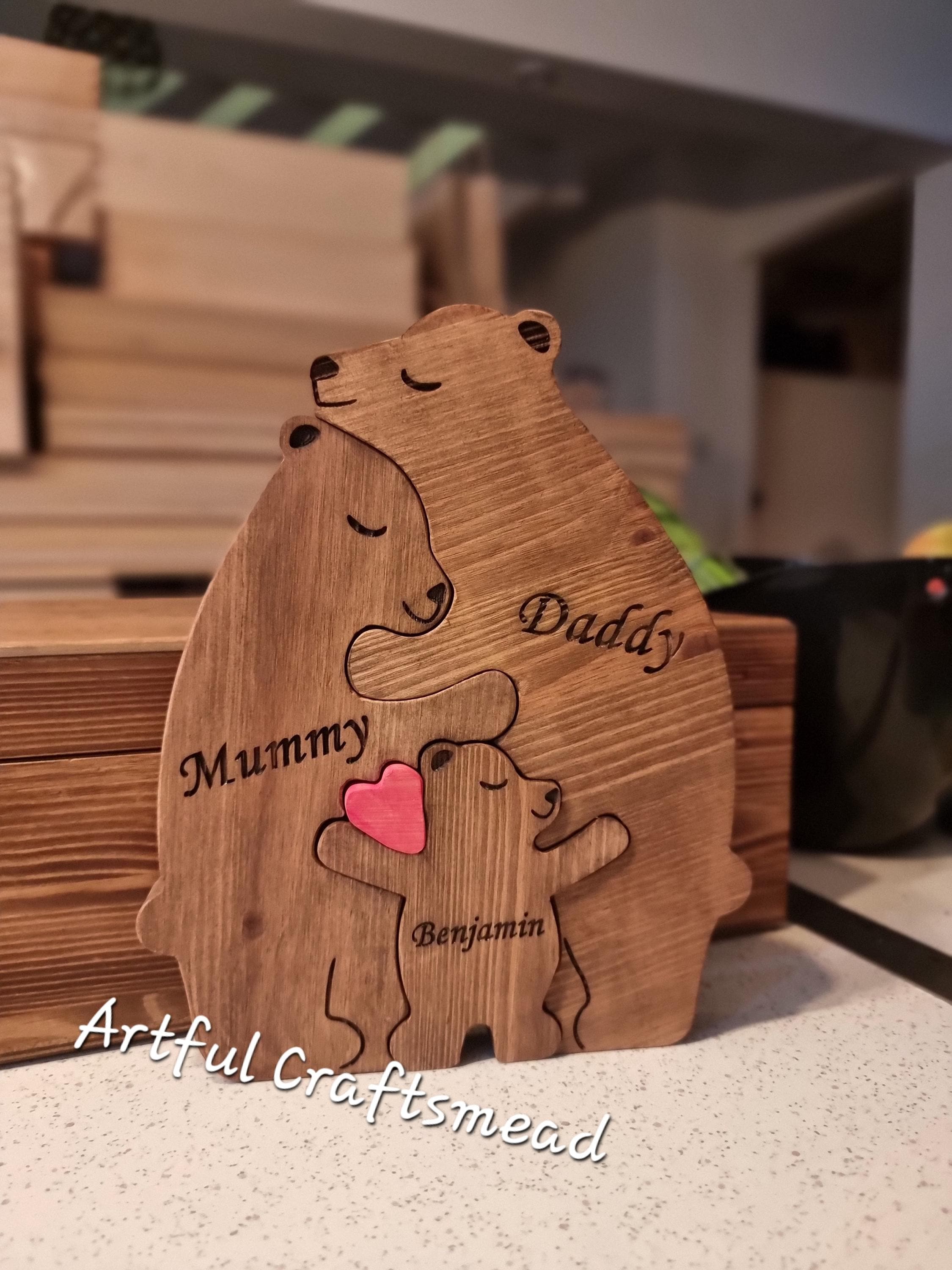 Personalized Wooden Bear Family, Custom With Names, Solid Pine