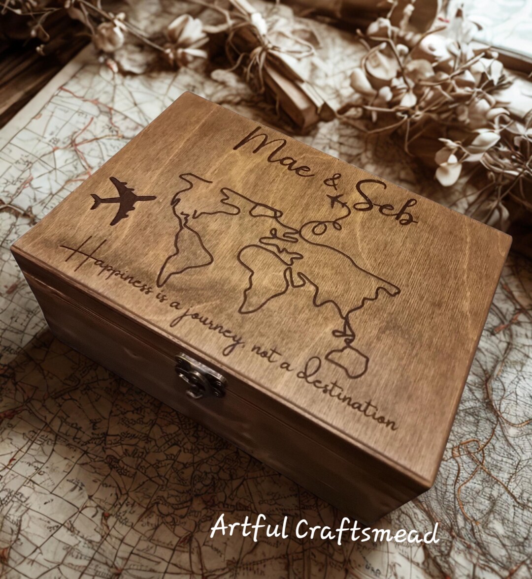 Personalised Wooden Memory Box With World Map | Custom Travel Keepsake ...