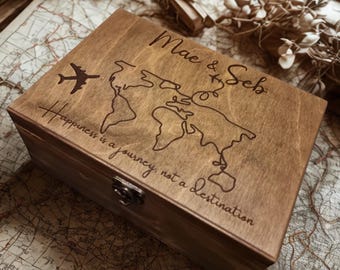 Personalised Wooden Memory Box with World Map | Custom Travel Keepsake Box | Hand-Drawn Map Engraving | Anniversary Gift for Couple