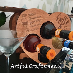 Personalized Wooden Mini Rack 4 Bottle Wine And 4 Glasses, Heart Shape Rack, Custom With Name And Quotes image 1