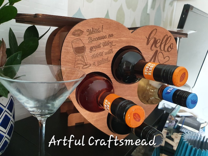 Personalized Wooden Mini Rack 4 Bottle Wine And 4 Glasses, Heart Shape Rack, Custom With Name And Quotes image 1