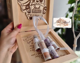 Boîte de mariage en bois, façon unique de donner de l'argent comme cadeau de mariage, notre porte-cadeau personnalisé comprend votre message personnalisé,