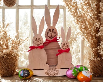 Wooden Personalized Three Bunny's Rabbits, Easter Wood Decor, Custom Engraved, Decor Bunny with Name