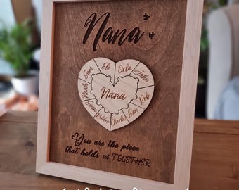 Personalized Family Name Puzzle Pieces, Hearts Name Frame Sign, Mothers Day Gift, Gift for Mother, Gift for Grandma, Gift from Kids Grandson