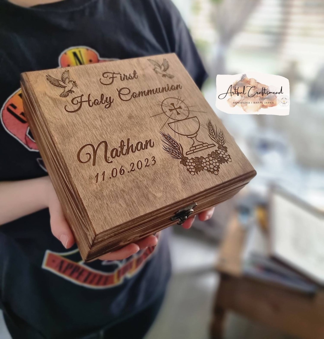 Personalised Christening Gift Box for Girls Boys Goddaughter Godson, Engraved First Holy