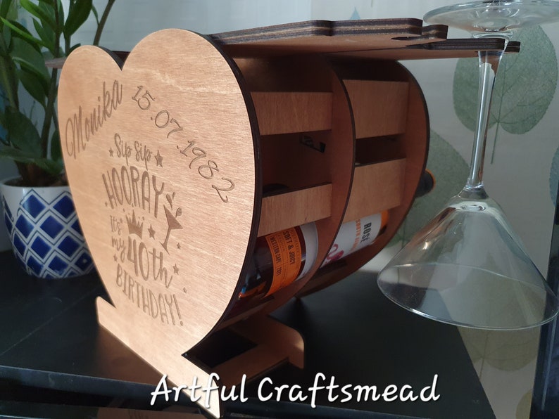 Personalized Wooden Mini Rack 4 Bottle Wine And 4 Glasses, Heart Shape Rack, Custom With Name And Quotes image 9