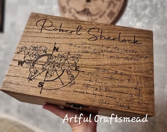Personalized Wooden Box with Compass & Map – Custom Quote Gift for Him | Rustic Travel Keepsake Chest | Handmade Memory Box