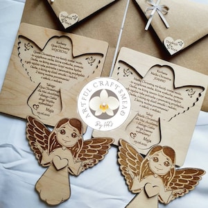 Carte en bois personnalisée et gravée avec ange, remerciement unique pour les parrains, parents, grands-parents, baptême cadeau, souvenir de communion