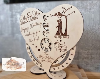 Personalised Wooden Perpetual Calendar, Heart Shape, Wedding Gift, Anniversary Gift,  Standing Calendar,  Home Decor, Groom Bride Newlyweds