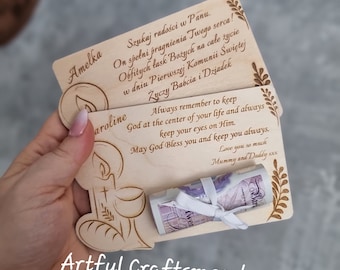 Personalized Wooden Envelope Card, Custom With Name For First Holy Communion, Candle Chalice Pattern, Card For Money, Unique Give Way Money