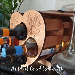 Personalized Wooden Mini Rack 4 Bottle Wine And 4 Glasses, Heart Shape Rack, Custom With Name And Quotes image 5