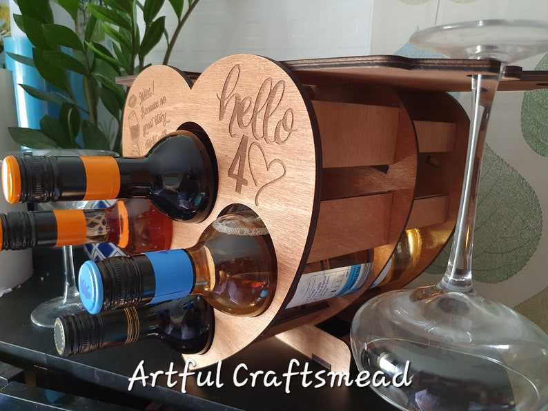 Personalized Wooden Mini Rack 4 Bottle Wine And 4 Glasses, Heart Shape Rack, Custom With Name And Quotes image 5