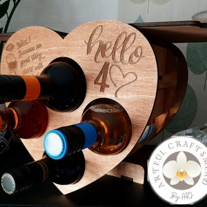 Personalized Wooden Mini Rack 4 Bottle Wine And 4 Glasses, Heart Shape Rack, Custom With Name And Quotes image 2