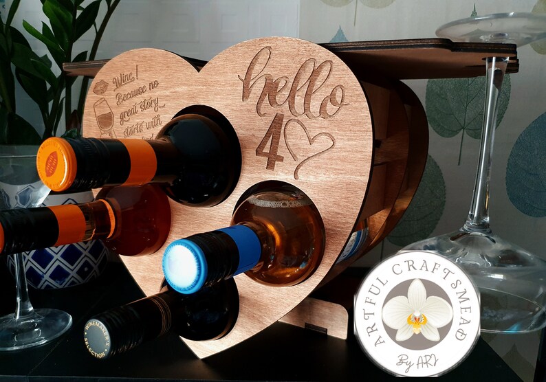 Personalized Wooden Mini Rack 4 Bottle Wine And 4 Glasses, Heart Shape Rack, Custom With Name And Quotes image 2