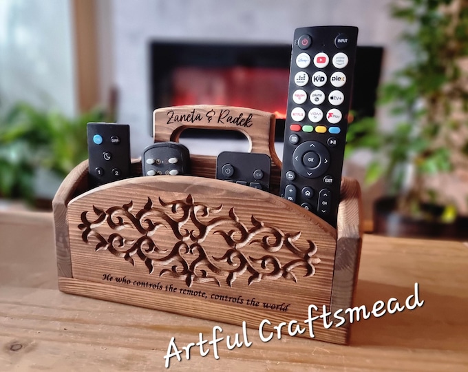 Handcrafted Pine Wood Remote Holder with Ornate Carvings, Remote Organizer and Coasters, Personalised Holder Basket