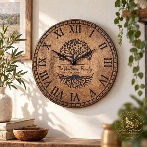 Personalised 40cm Family Tree Wall Clock, Custom Name & Quote, Silent Movement
