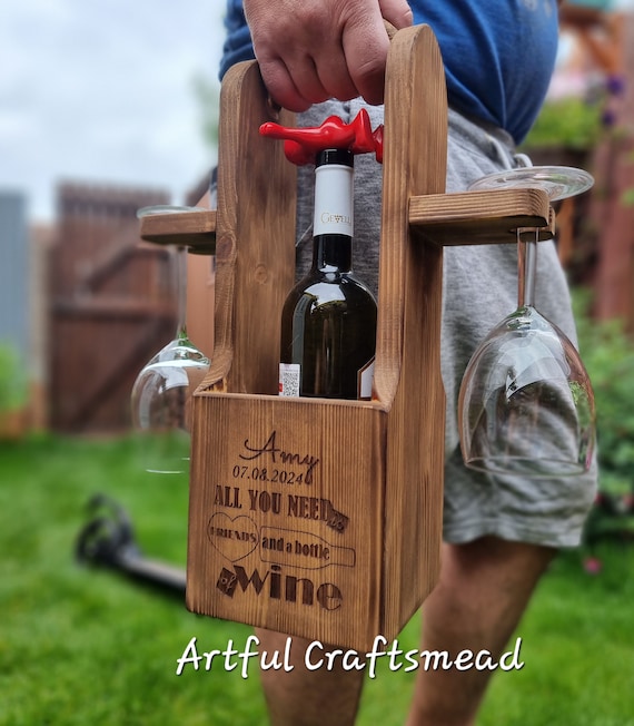 Rustic Wooden Wine Bottle Holder Glasses Holder Wine Caddy Custom Wine Tray Gift for Couples Wine Rack Wine Carrier Perfect Gift Etsy