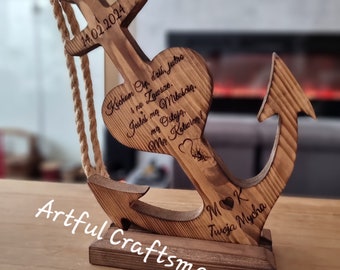 Wooden Anchor, Romantic Couple Gift, Personalized Anchor Carving, Anniversary Date Gift, Wedding Keepsake, Valentines Gift For Her Him