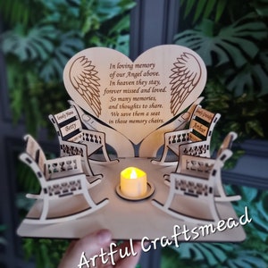 Personalised Wooden Heart Wings Candle Memorial Display, Rocking Chair, Keepsake, Remembrance, Family, Candlestick, Memorable Memory Gift