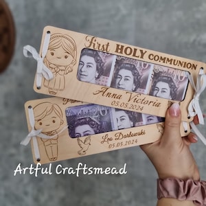 Enveloppe personnalisée en bois pour carte de voeux pour la première communion, argent unique pour une occasion sainte