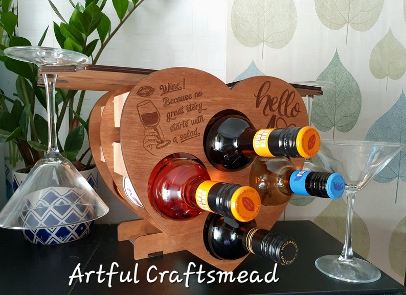 Personalized Wooden Mini Rack 4 Bottle Wine And 4 Glasses, Heart Shape Rack, Custom With Name And Quotes image 8