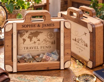 Personalised Wooden Suitcase Money Box, Travel Fund Piggy Bank, Adventure Savings Box, Holiday Fund Gift, Acrylic Front