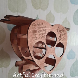 Personalized Wooden Mini Rack 4 Bottle Wine And 4 Glasses, Heart Shape Rack, Custom With Name And Quotes image 3