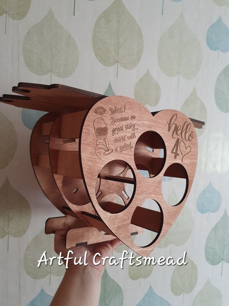 Personalized Wooden Mini Rack 4 Bottle Wine And 4 Glasses, Heart Shape Rack, Custom With Name And Quotes image 3