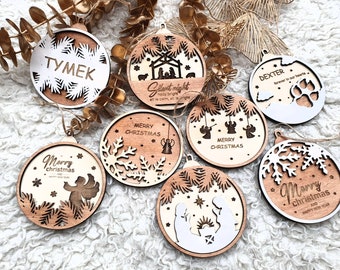 Personalised Wooden Christmas Baubles Ornaments, Wood Decoration, Friend Family Gift, Christmas Tree