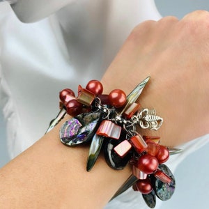 Grey & Red Mother Of Pearl Beaded Bracelet Seashell wrist  Adjustable Bracelet Bohemian Jewellery  Handmade Marine style bracelet