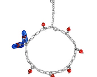 Red Hearts Ankle Bracelet Blue & Red Anklet Slippers shaped bracelet Handmade Minimalist anklet