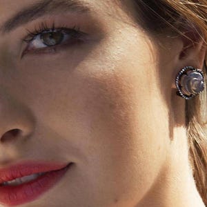 Sterling Silver 925 Grey Agate Rose Earrings Floral earrings Black iconic earrings in a Gift box