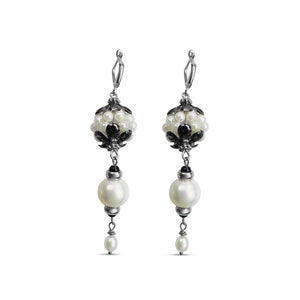 Pendientes largos de perlas de imitación blancas Pendientes de boda Pendientes hechos a mano estilo Gatsby